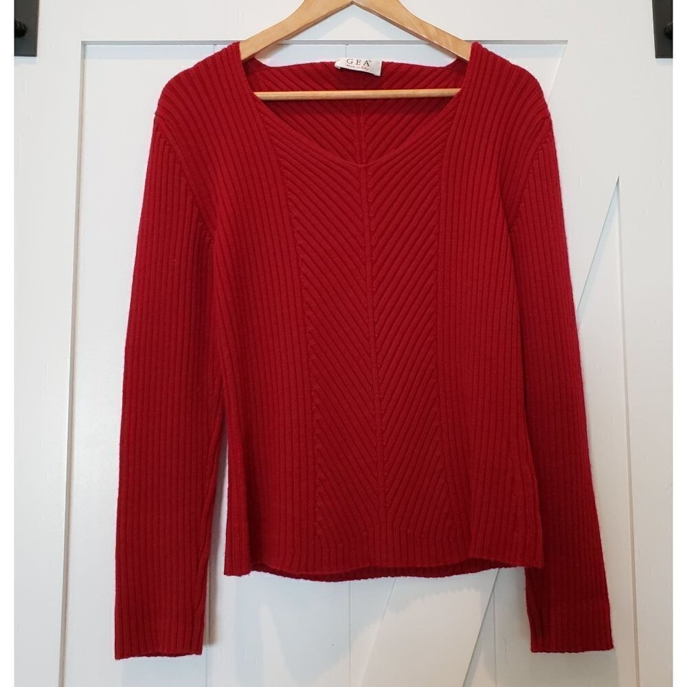 GEA‎ Sweater Medium Luxury Italian Made All New Wool Intricate Knit Burgundy